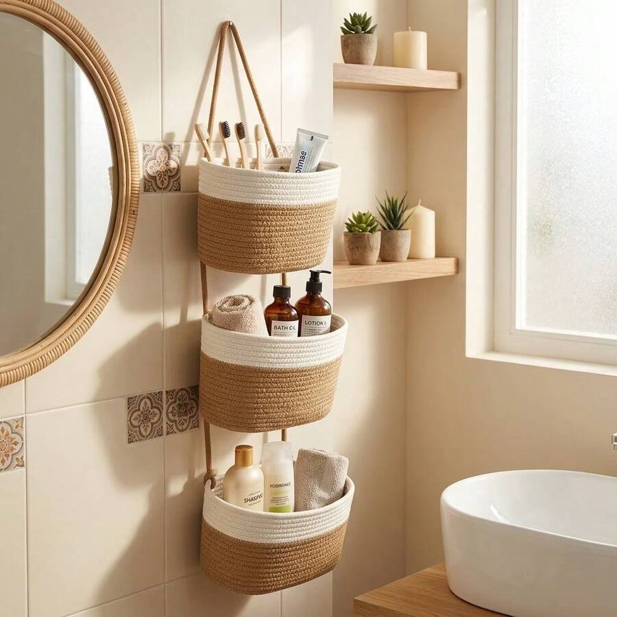 3-Tier Bohemian Neutral Color Hanging Basket - Woven Rope Wall Storage Rack With Space-Saving Vertical Storage, Bohemian Style, Suitable For Bathroom, Nursery, Kitchen, Bedroom - Multi-Room Hanging Storage Bin For Towels, Utensils