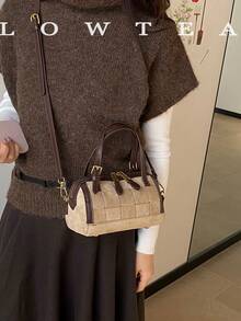 low tea 1pc Contrast Color Fashion Small Bucket PU Fabric Handbag With Adjustable Shoulder Strap, Suitable For Commuting, Shopping, Etc. - Light Khaki - View 5