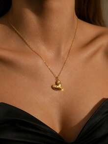 VceTd 1/2PCS Romantic Cute Style Asymmetrical Heart Pendant Decor With Heart Chain Necklace Combination Stainless Steel Women's Jewelry Set Suitable For Women's Daily Wear Or Date Or Valentine's Day - Yellow Gold - View 4