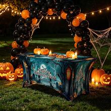 1pc Cartoon Happy Halloween Slogan Print High Elasticity Tablecloth With Elastic Band Full Edge - Stretchable Fit, Washable And Reusable Table Cover Suitable For Dining Table, Buffet Table, Dessert Table, Banquet, Holiday Party Decoration, Halloween, Birthday, Wedding - Suitable For Kitchen Use - Multicolor - View 1