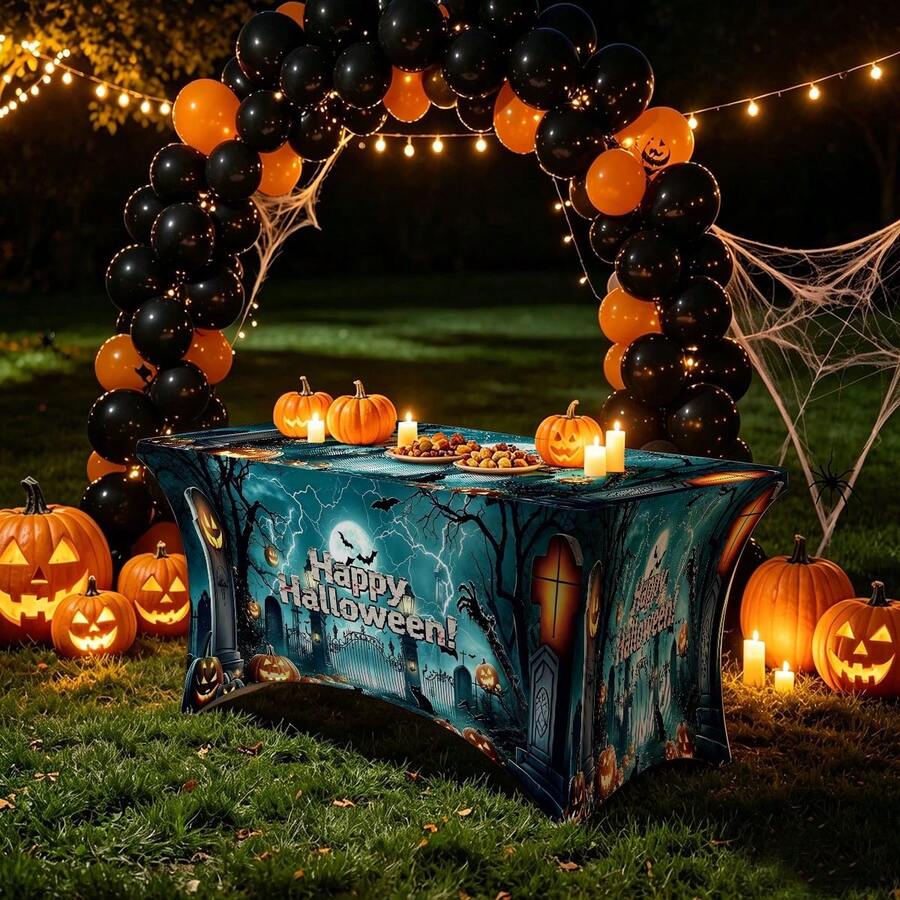 1pc Cartoon Happy Halloween Slogan Print High Elasticity Tablecloth With Elastic Band Full Edge - Stretchable Fit, Washable And Reusable Table Cover Suitable For Dining Table, Buffet Table, Dessert Table, Banquet, Holiday Party Decoration, Halloween, Birthday, Wedding - Suitable For Kitchen Use - Multicolor - View 1