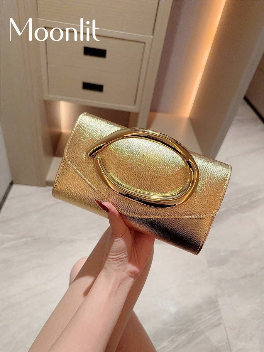 1件歐美時尚金屬裝飾迷你方盒手拿包，高端亮面金屬條紋女款手提包，優雅奢華晚宴包，適合正式禮服，PU皮革派對包/浪漫婚禮手拿包/舞會包/雞尾酒會包，適用於校園舞會，附金屬鏈條