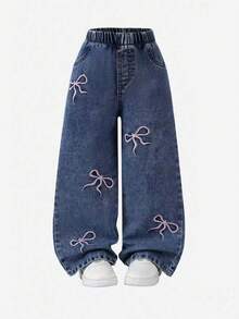 Quần jeans thêu nơ thời trang thường ngày cho bé gái - Màu xanh lam - Xem 2