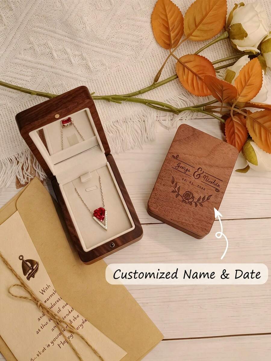 Personalized Engraved Wooden Jewelry Box, Portable Jewelry Organizer With Mirror, Wedding Holiday Anniversary Gift, Gift For Her - Brown - View 1