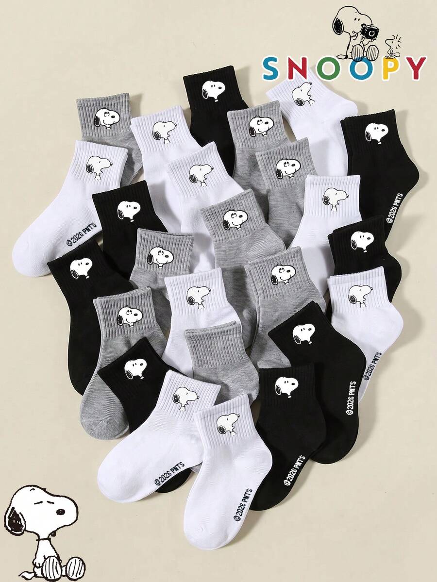 SNOOPY 1/3/6 Pairs Snoop Sock Black/White/Grey Solid Color Small Logo Minimalist Daily Kids Mid-Calf Socks, Fun Christmas Gift Socks - Multicolor - View 1