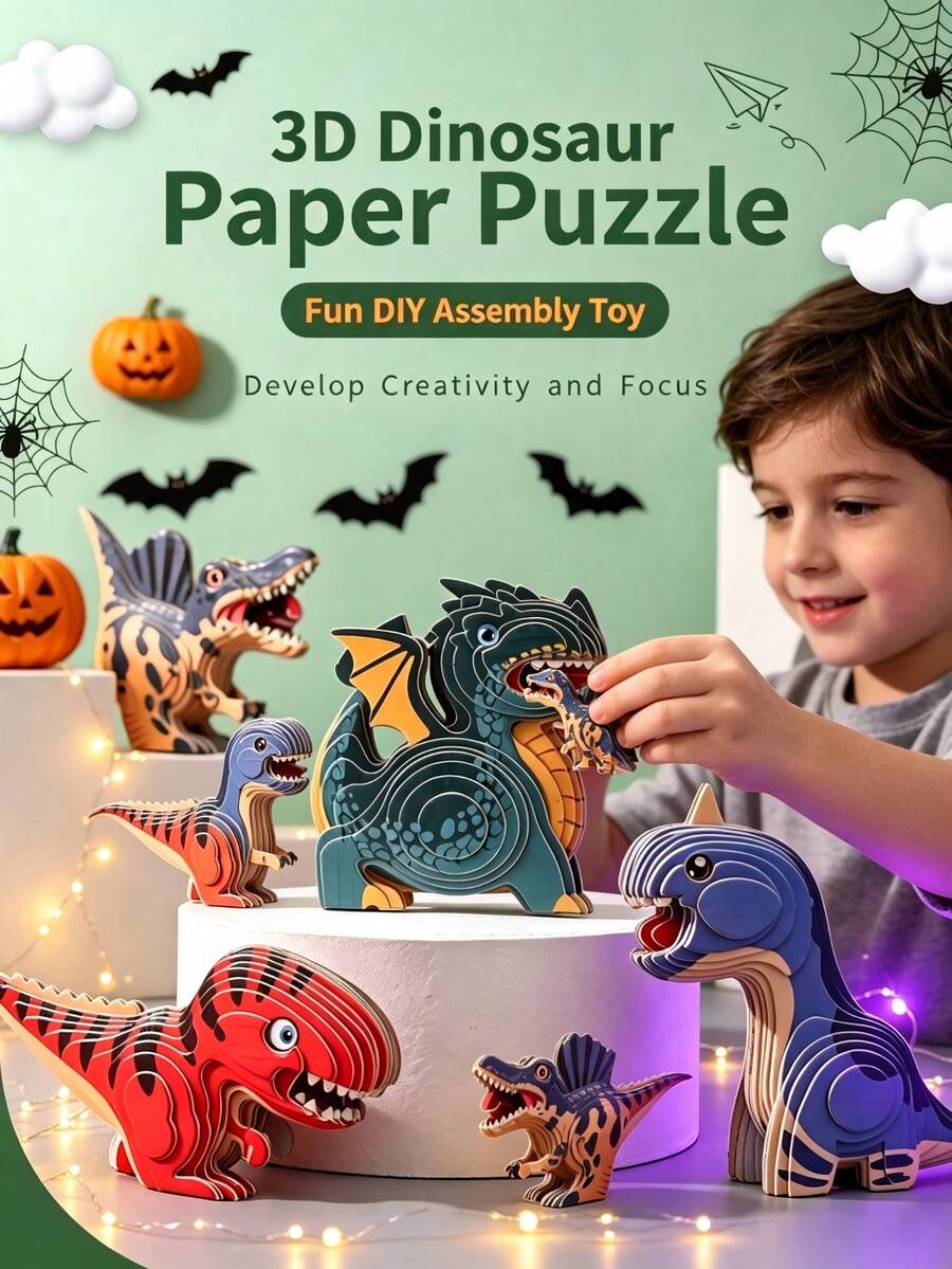 1pc Children's 3D Dinosaur Puzzle Toy, No Glue Needed With Self-Adhesive Stickers, Easy Assembly Without Cutting, Create Realistic Dinosaur 3D Model! Suitable For Boys And Girls Aged 3+, Parent-Child Interactive Educational Toy, Develops Children's Focus, Hands-On Ability And Dinosaur Knowledge. - Multicolor - View 1
