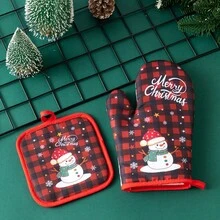 2pcs/1set Christmas Heat-Resistant Polyester Oven Mitts, Kitchen Oven Microwave Heat-Insulating Gloves, Waterproof Non-Slip, Suitable For Baking, Grilling, Cooking, Kitchen Essentials, Christmas Holiday Decoration And Party - View 7