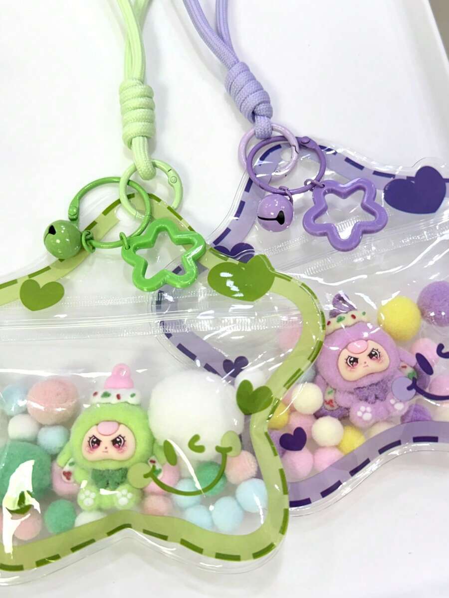 1 Bag Macaron Color Flocked Doll With Transparent PVC Printed Star Bag Charm Lanyard, Dopamine Star Keychain With Spring Clip, Bag Pendant, Birthday Gift, Party Favor - Multicolor - View 1