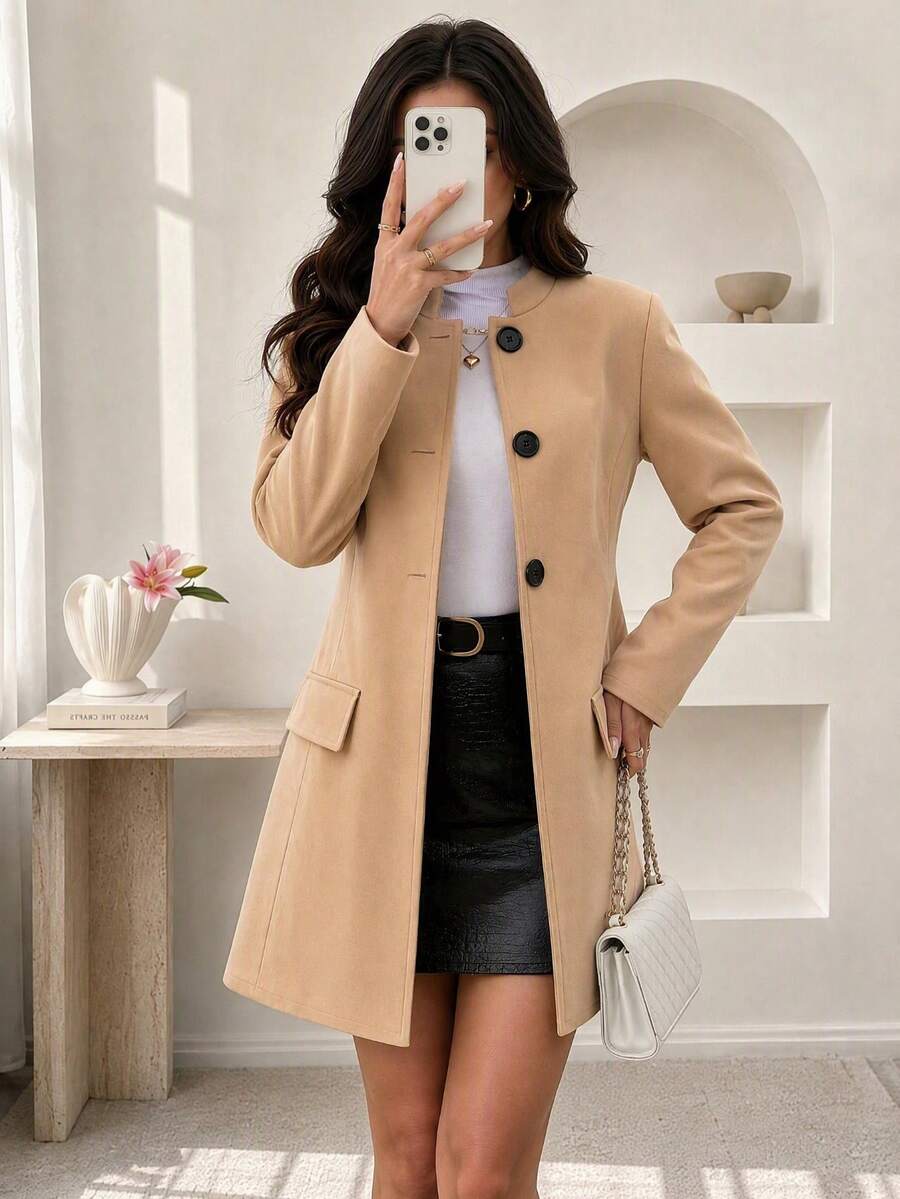 Women's Autumn/Winter Elegant Minimalist Small Stand Collar Solid Color Casual Daily Commute Front Button Faux Pocket Slim Fit Flattering Long Sleeve Wool Blend Jacket