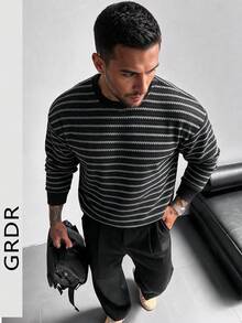 GRDR Men's Casual Daily Commute Striped Knit Pullover Sweater Basic Style - Black - View 2