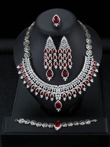 1 Set 5pcs Fashion Luxury Water Drop Zirconia Earrings Necklace Bracelet Ring Women Jewelry Set For Holiday Party Wedding Evening Dress - Water Droplets - View 2