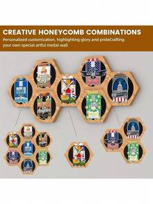 Hexagonal Wooden Medal Display Rack - Wall-Mounted Trophy And Ribbon Storage Shelf With Slots, Natural Wood Base, Suitable For Living Room, Office Decor - Space-Saving Award Storage, Medal Wall Hanging Rack, Hexagonal Design - Multicolor - View 9