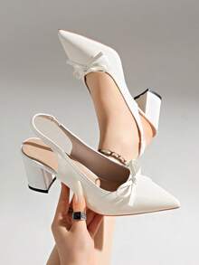 Pointed Toe Slingback Chunky Heel Pumps, Plus Size Wide Fit Elegant Evening Shoes For Women - Off White - View 5