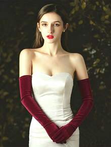 1 Pair Velvet Long Formal Gloves, Burgundy Color, Polyester Fiber, Suitable For Wedding Dress, Costume Accessory, All Seasons Autumn Accessories - Burgundy - View 2