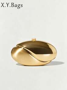 Wavy Metal Oval Evening Bag, New Party Banquet Handbag With Asymmetric Chain Strap, Women's Shoulder Crossbody Bag, Wedding Supplies - Gold - View 4