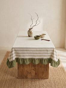 1pc Beige Base Green Fine Stripe & Olive Green Ruffle Edge Tablecloth, Fresh Natural Style Fabric Rectangular Tablecloth With Olive Green Ruffle Edge Patchwork Detail, Decorative & Functional For Daily Home Dining And Fresh Home Decor - Multicolor - View 6