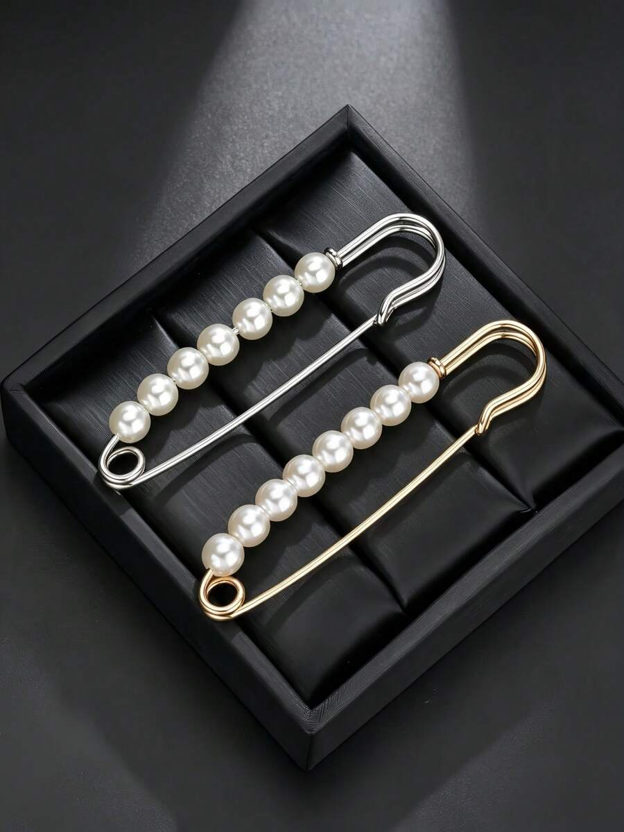 1pc Pearl Brooch Pin, Waist Cincher Pin, Anti-Exposure Brooch Pin, Suitable For Shawl Buckle, Headscarf Clip, Sweater Pin, Women's Jewelry Accessory, Bag Pendant - Silver - View 1