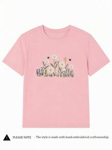 向日葵刺繡設計，鮮豔花卉印花春夏款，女款休閒圓領短袖T恤 - 淺粉色 - 查看 3