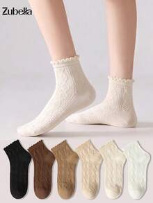 6 Pairs Women's Wood Frill Trim Socks, Spring/Autumn Mid-Calf Solid Color Short Socks, Stacked Socks, Seamless White Socks, Soft Comfortable Fashion Sweet, Suitable For Home, Outings, Sports, Various Occasions - Multicolor - View 2