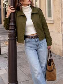Women Fall Elegant Lapel Long Sleeve Jacket, Epaulet Button Cuff Cropped Loose Fit Daily Street Vacation Outerwear - Army Green - View 7