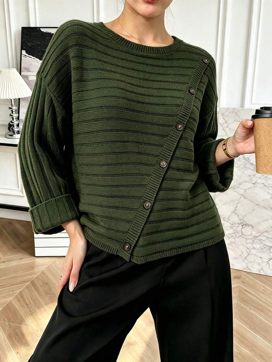 Plus Size Solid Color Casual Fashion Round Neck Asymmetric Button Design Knit Sweater Fall - Green - View 1
