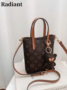 Women's Mini Tote Crossbody Bag, Vintage Letter Print Handbag With Bear Pendant And Gold Hardware, Detachable Shoulder Strap, Lightweight Retro Daily Bag - Multicolor - View 2