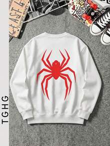Men's Autumn Crew Neck Lightweight T-Shirt T-Shirt, Red Spider Pattern, Long Sleeve, Y2K Style - White - View 4
