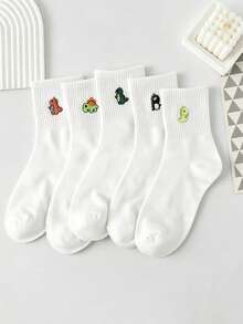 5 Pairs Embroidered Dinosaur Pattern Cute & Fun Women's Socks, Unisex, Suitable For All Seasons, Comfortable & Breathable, Perfect For Daily Wear - Multicolor - View 4