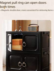 1-Layer Multi-Layer Plastic Double Door Storage Cabinet, Foldable Clothes Storage Box, Storage Rack, Portable Home Wardrobe, Living Room Toy & Snack Storage Box, Floor Standing Storage Rack, Shoe Storage Cabinet - Black - View 8
