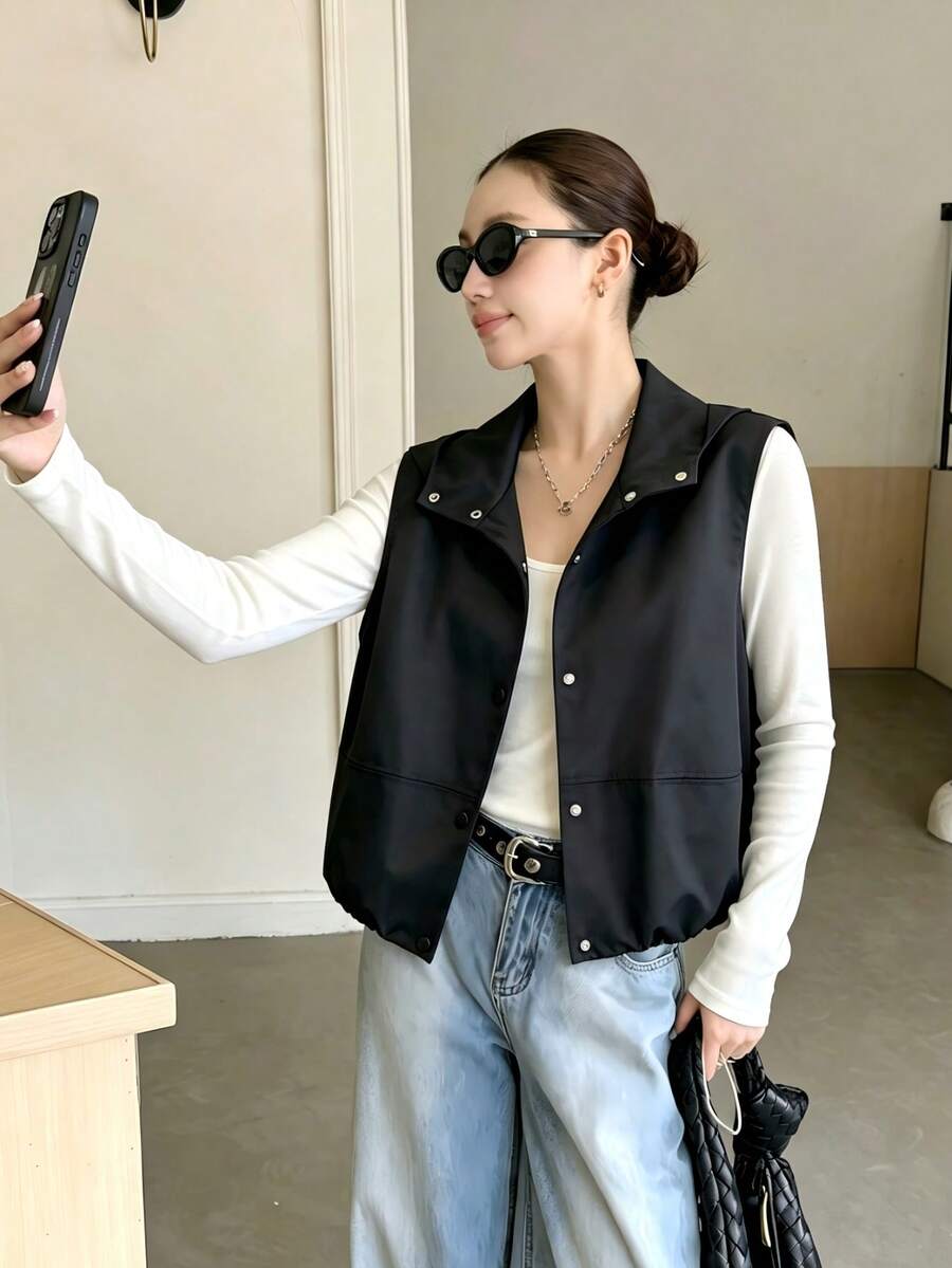 女款黑色背心外套,春夏款,時尚百搭,鬱金香下擺,寬鬆連帽,休閒日常、度假、旅遊、出遊適用 - 黑色 - 查看 1