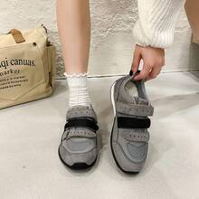 Sepatu Sneakers Wanita Retro Warna-Blok dengan Tali Perekat, Sepatu Olahraga Kasual untuk Nongkrong Sehari-hari, Tampilan Kampus, dan Jalan-jalan Akhir Pekan - Grey - View 2