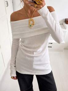 HoloChill Women's Young Influencer Casual Style White Off-Shoulder Knit Pullover, Long Sleeve Ribbed Knit Top, High Elastic Fabric, Casual Wear Pullover Fall Casual 2026 New Arrival Fall Sweater, Women's Elegant Outfit For Going Out, Back To School Homecoming Fall/Winter French - White - View 7
