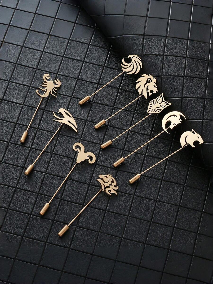 Minimalist Metal Animal Shaped Bar Brooch, Polished Silver & Gold Hollow Design, Multiple Personalized Totem Options. Suit & Coat Decorative Pin, Business Casual Outfit Accessory, Niche Exquisite Men's Lapel Pin, Unique & Stylish Gift - Brooch - View 1