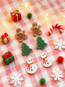6 Peças Brincos de Botão de Resina com Glitter de Boneco de Gengibre de Natal, Árvore de Natal e Boneco de Neve para Mulheres, Essencial para Mulheres Profissionais Maduras, Brincos Personalizados Vintage Adequados para Presentes de Natal, Uso Diário, Trabalho, Festivais de Música, Festas, Bailes, Uso em Bares - Multicolorido - Visão 2