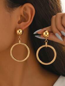 1 Pair Exaggerated Metal Geometric Round Large Earrings, Fashionable And Elegant Women's Jewelry, Suitable For Daily Wear, Casual, Vacation, Birthday And Holiday Gift For Women - Yellow Gold - View 1