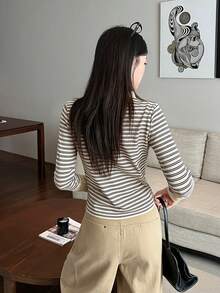 Women's Colorblock Striped Long Sleeve T-Shirt, Half-Neck, Slim Fit, Patchwork Design, Autumn Top, Random Cut - Apricot - View 5