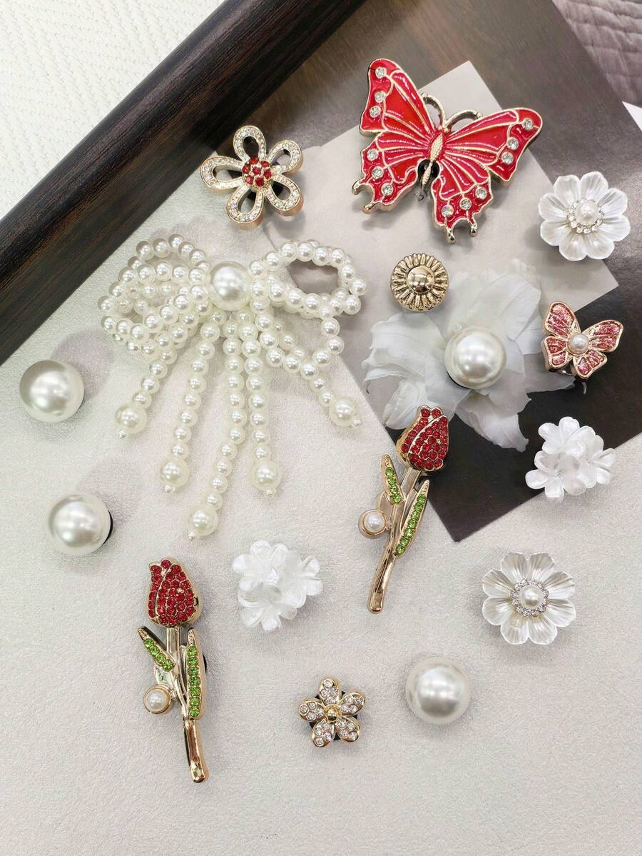16PCS Bling Rhinestone Red Butterfly Rose Clog Shoe Charms Accessories Faux Pearl Bow Flower Shoe Buckles DIY Decorations Retro Beads Shoe Clips Decor