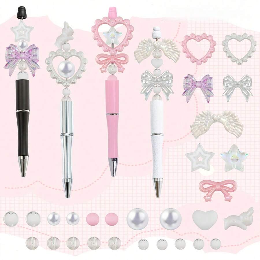 Bowknot Heart Simple DIY Beaded Pen Set, Ins-Style Beaded Craft Gift For Hobbyists, Office & School Supplies, Reward Gift - Multicolor - View 1