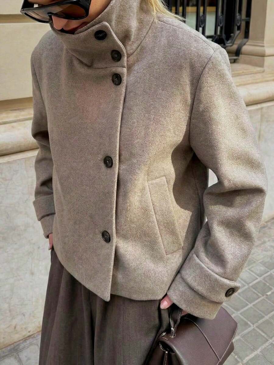 CAREE Women's Stand Collar Single-Breasted Short Jacket, Autumn/Winter - Khaki - View 1