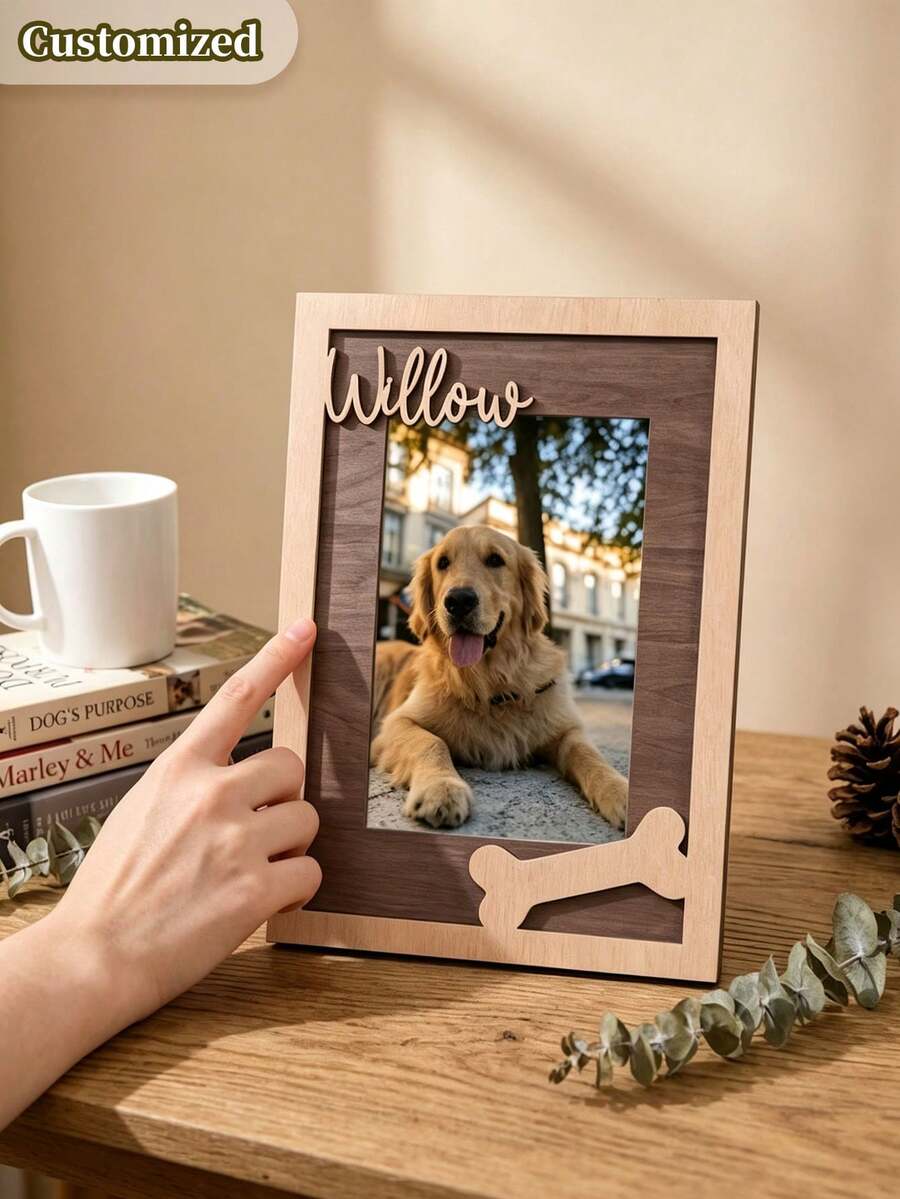 Customized Pet Wooden Photo Frame, Personalized Wooden Dog Photo Frame, Desktop Photo Holder, Wood Texture, Dog Collectibles, Meaningful Home Decor, Customized Pet Accessories, Exclusive For Pet Owners, Pet Lover Gift, Christmas Gift, Bookshelf Decor