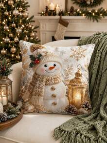 Christmas Table Runner, Throw Pillow, Placemat, Vintage Gold Tone Snowman Lantern Pine Cone Snowflake Holly Print, Kitchen Dining Room Holiday Tabletop Decor - Multicolor - View 7