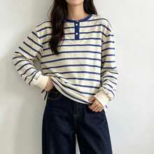 Korean Style Lazy Vibe Half-Button Contrast Stripe Long Sleeve T-Shirt, Fashion Loose Slimming Casual Versatile Layering Women's Autumn Outing Top - Blue - View 5