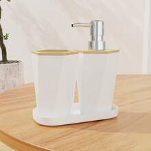 3 Piecesminimalist Black And White Geometric Bathroom Accessory Set, Bamboo Decorative Soap Dispenser, Toothbrush Cup With Trays, Modern Dressing Tables, Countertops, Home Bathroom Decorations - Multicolor - View 10