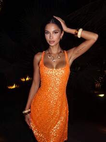 Women's Glamorous Sequin Spaghetti Strap Short Dress, Orange Straight Neckline Mid-Stretch Backless Cinched Waist Flared Skirt, Suitable For Evening Dates, Parties, Music Festivals, Cocktail Events, Homecoming, Birthday Parties, Nightclubs, Bars, Carnivals, Island Vacations, Photo Shoots, New Year's Eve Parties, Theme Dances, Beach - Orange - View 3