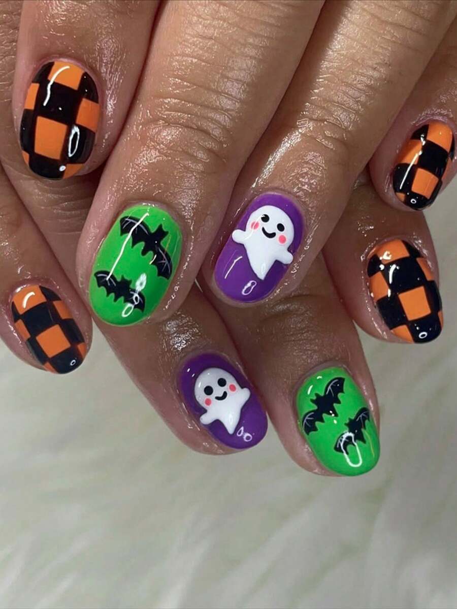 Halloween 30pcs Short Oval Press-On Nails, Bat, Ghost, Checkerboard Pattern Design, Acrylic Material Set Includes: 1pc Jelly Glue And 1pc Nail File - Multicolor - View 1