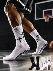 1/5/10 Pairs Cross Print Non-Slip Bottom Mid-Calf Sports Socks, Unisex Autumn Professional Socks With Silicone Anti-Slip Wear-Resistant Breathable Street Style Training Casual Long Socks - Men's Socks, Gift For Men, White Socks, Women's Socks, Black Socks, Long Socks, Halloween, Super Great Socks, Christmas, Christmas Gift, Winter - Multicolor - View 2