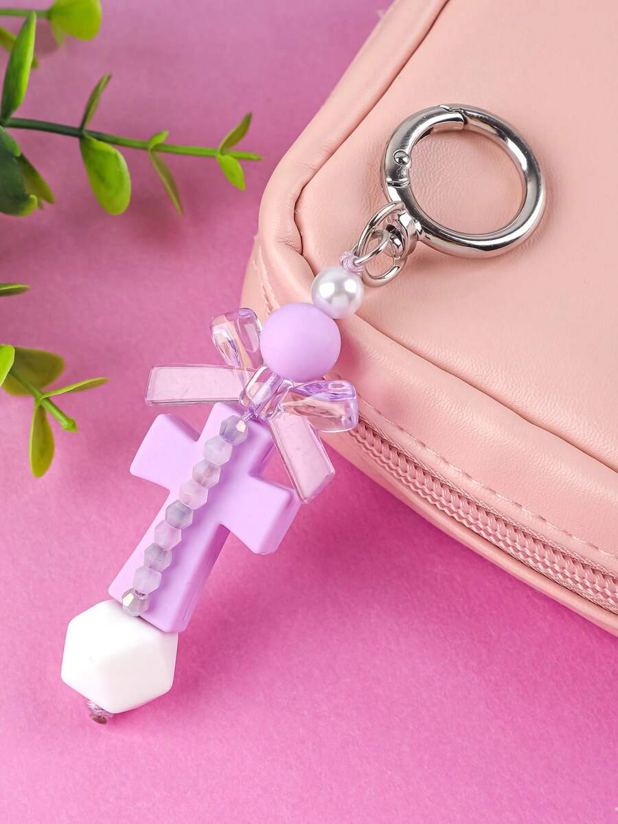 Cute Macaron Cross Beaded Keychain, Transparent Bow Pearl Bag Charm, Y2K Dopamine Color Backpack Pendant Accessory For Women - 2893 - View 1