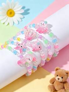 5pcs Children's Ocean Style Beaded Bracelet Set, Cute Seahorse Shell Octopus Starfish Fish Cartoon Pendant Bracelets, Colorful Beaded Elastic Wristbands For Girls, Baby Party Gift Accessories - Multicolor - View 3