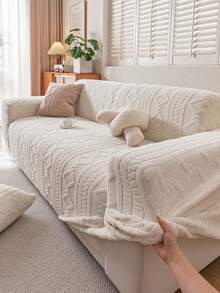 1pc Solid Color Plush Warm Sofa Cover, Soft & Skin-Friendly, Jacquard Design, Pet-Friendly Machine Washable Durable, Christmas New Year Holiday Party Home Decor, Sofa Protection, Fits 1/2/3/4 Seater Sofa - Beige - View 1