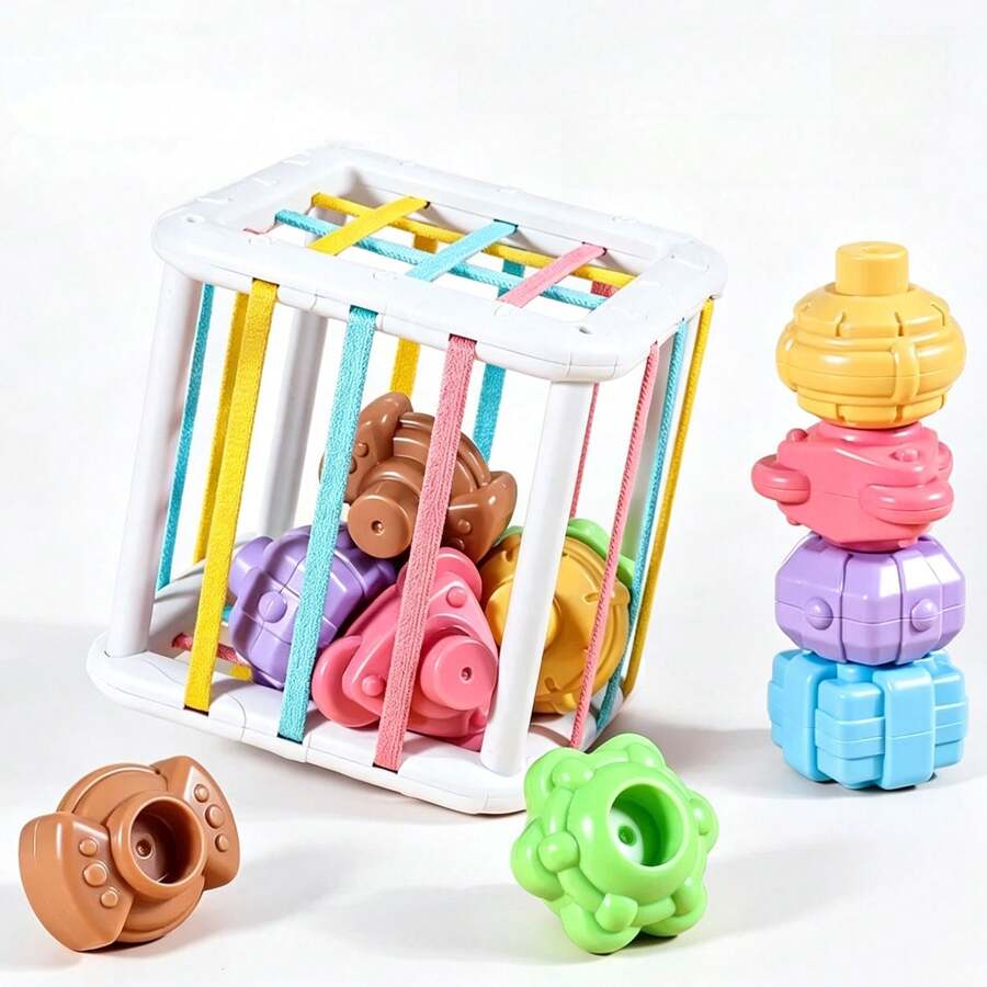 Sensory Shape Sorting Activity Cube Fine Motor Skill Training Montessori Education Elastic Band Perforated Blocks Set Learning Gift, Children's Sensory Shape Sorting Blocks Toy, Children's Sensory Shape Sorting Blocks Toy, Activity Cube Box